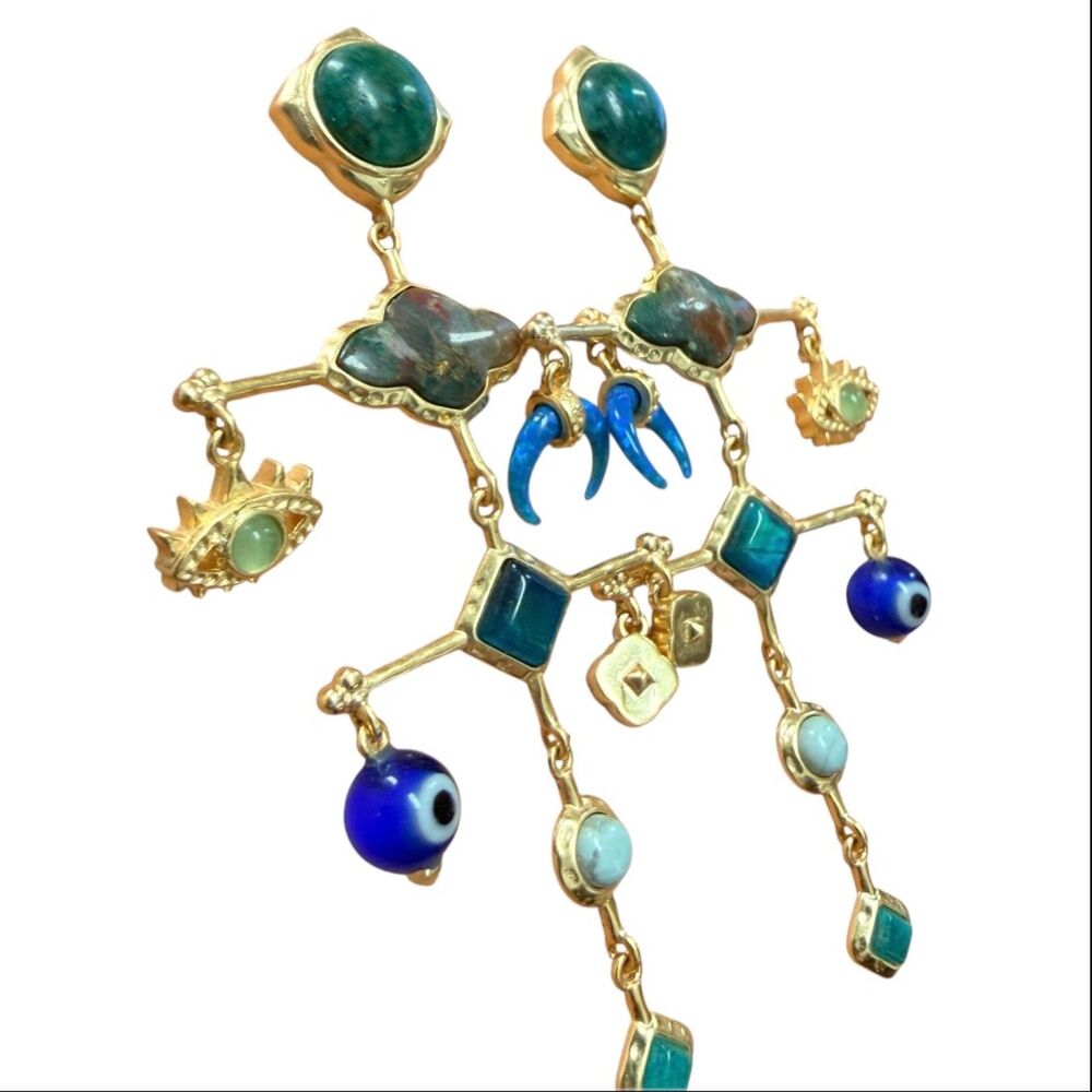 Kendra Scott Gemma Statement Earrings Gold Teal Blue Evil Eye Chandelier Mobile